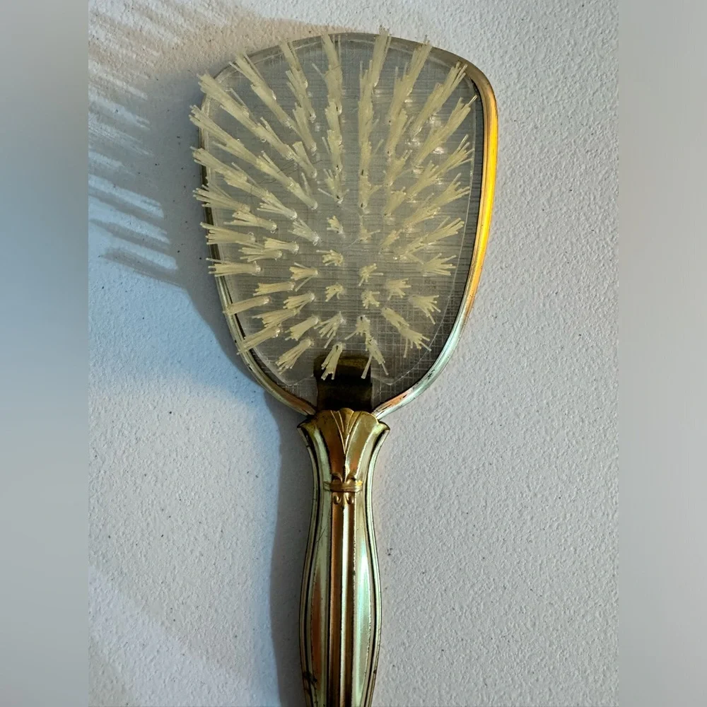 Vintage Vanity Hair Brush‎ Gold Tone w/Flowers Preowned Condition